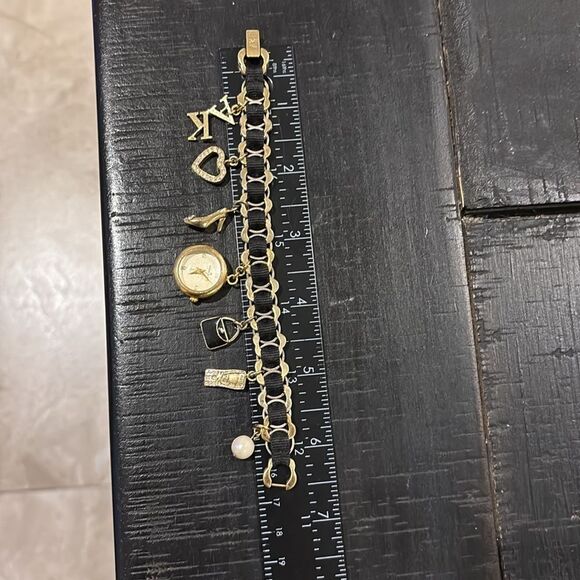Anne Klein Charm Watch Bracelet Heart Black Ribbon Logo Bag Shoe Cell Gold​ - Picture 7 of 9